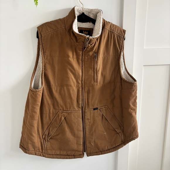 Lee Workwear Mens Vest Tan Canvas Sherpa Fleece Lined Pockets Vintage Wear XL - Picture 2 of 11